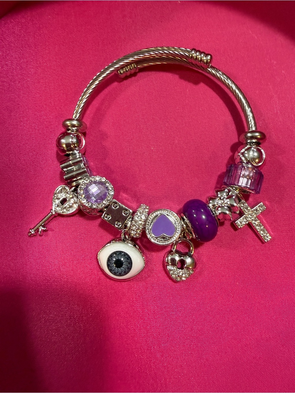 Silver-Tone Charm Bracelet with Purple and White Accents